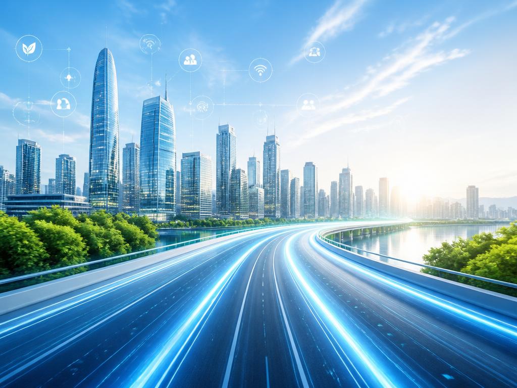 Avenida futurista em direção a uma cidade moderna